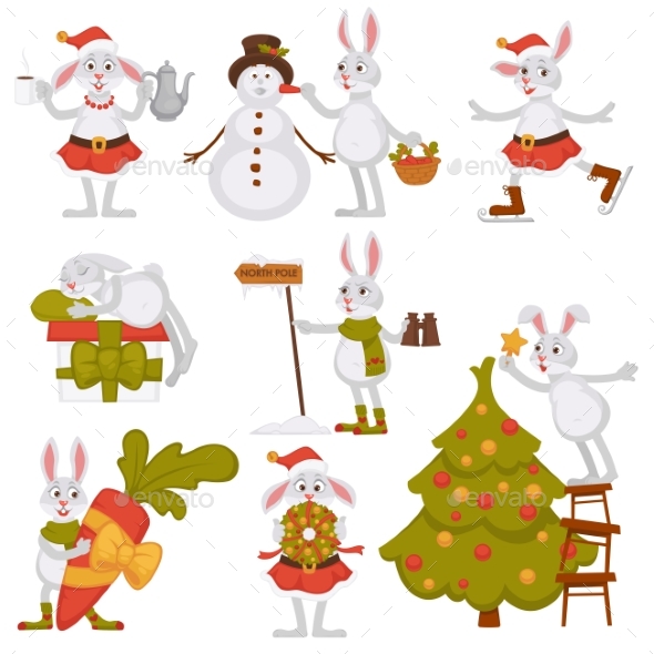 Christmas Bunny Rabbit Santa Cartoon Character - Flowers & Plants Nature