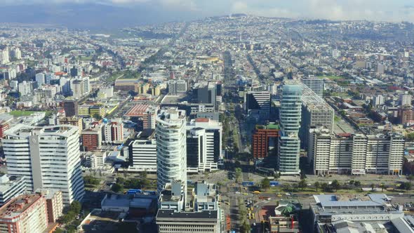 Quito, Ecuador, 6-12-2020: Aerial view of the business district in Quito, alt