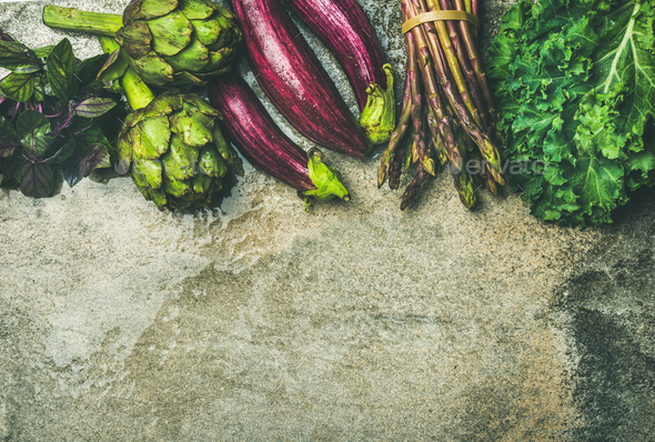 Flat-lay of fresh green and purple vegetables, copy space - Stock Photo - Images