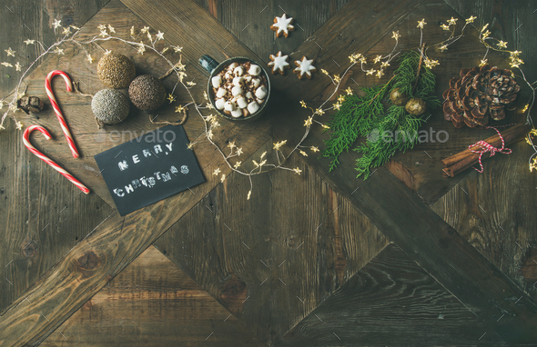 Flat-lay of greeting card, mug of hot chocolate, copy space - Stock Photo - Images