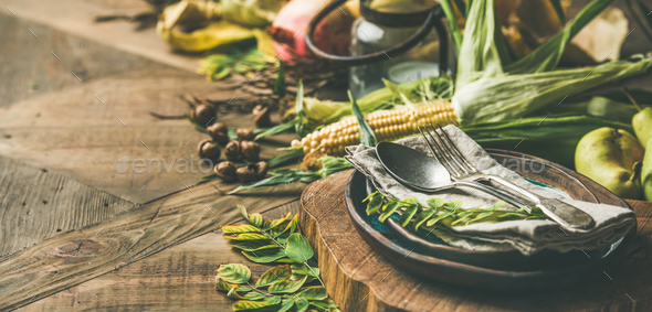 Fall table setting with seasonal food for Thanksgiving day celebration - Stock Photo - Images