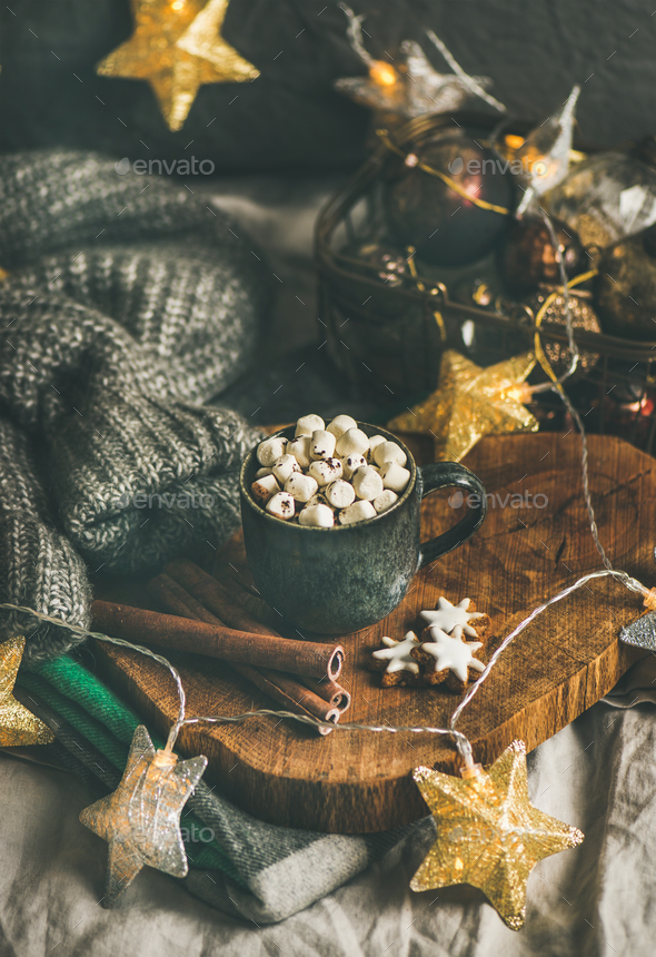 Christmas winter hot chocolate with marshmellows and cinnamon sticks - Stock Photo - Images