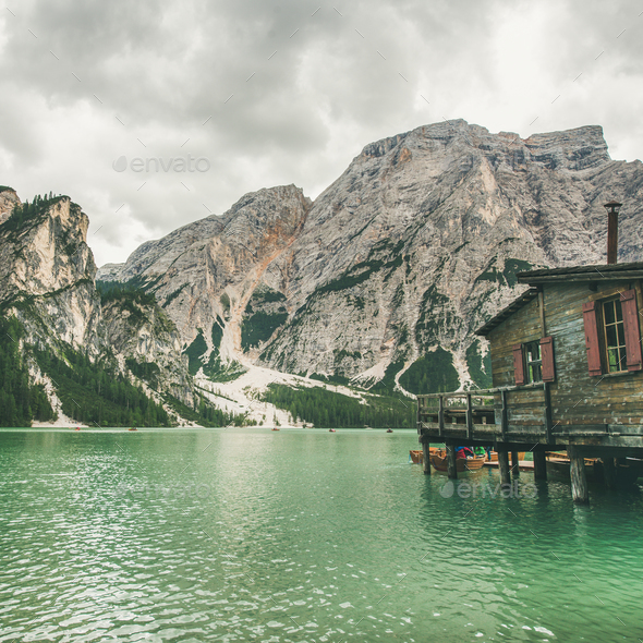 Lago di Braies in Fanes-Sennes-Braies Nature Park, Italy. Square crop - Stock Photo - Images