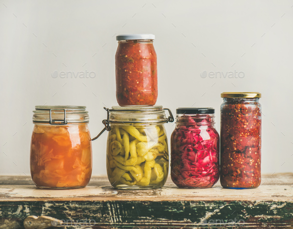 Autumn seasonal pickled or fermented vegetables, copy space - Stock Photo - Images