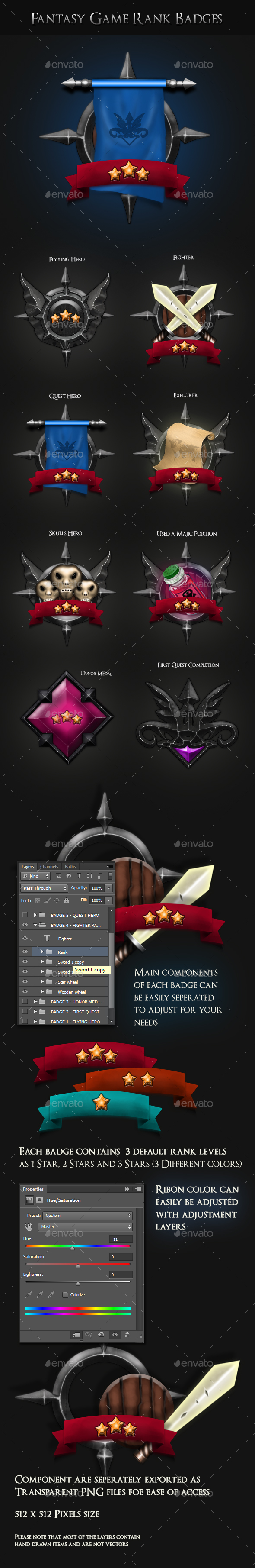 Fantasy Game Badges With Ranks - Miscellaneous Game Assets