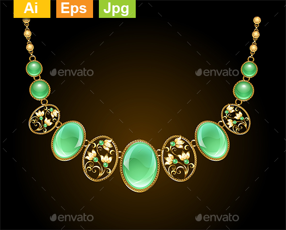 Golden Necklace with Chrysoprase - Man-made Objects Objects