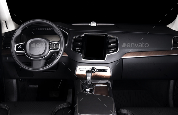 Car dashboard, modern luxury interior, steering wheel - Stock Photo - Images
