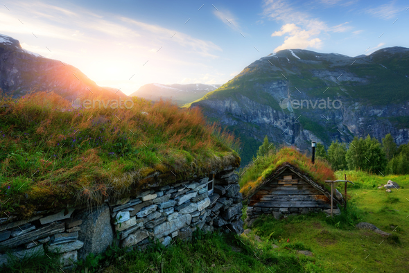 The grass-roofed houses in Norway - Stock Photo - Images