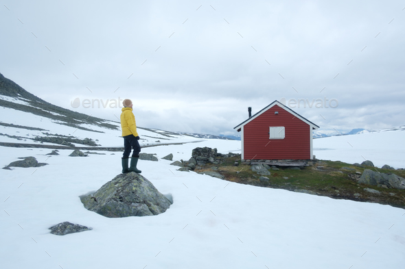 Typical norwegian red wooden house - Stock Photo - Images