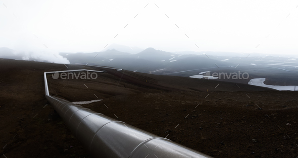 Iceland landscape with pipes in mountains