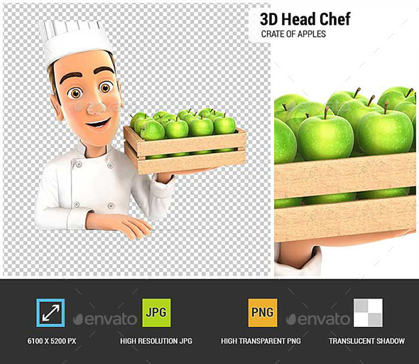 GraphicRiver 3D Head Chef Holding Wooden Crate of Apples 21022365 GraphicRiver 3D Head Chef Holding Wooden Crate of Apples 21022365