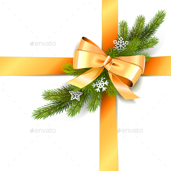 Vector Golden Bow with Fir Branch - Christmas Seasons/Holidays