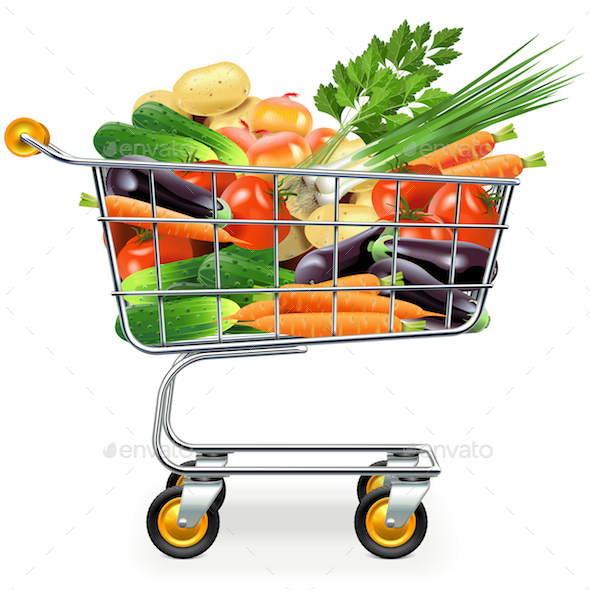 Vector Supermarket Trolley with Vegetables - Food Objects