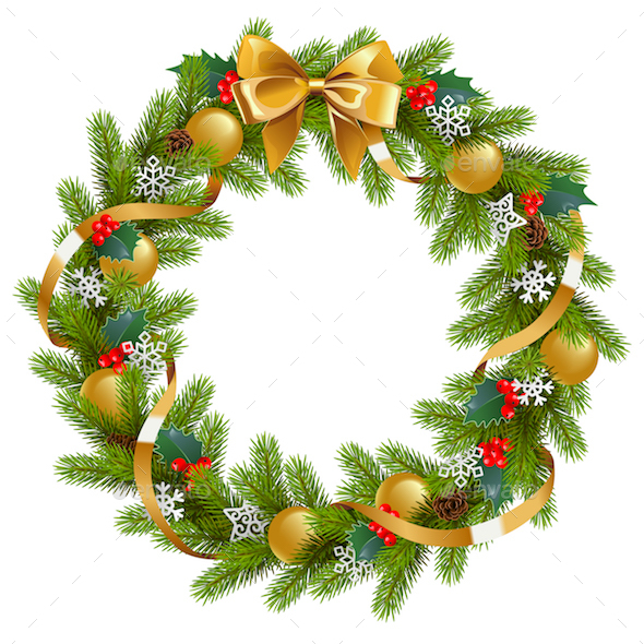 Vector Fir Wreath with Mistletoe - Christmas Seasons/Holidays