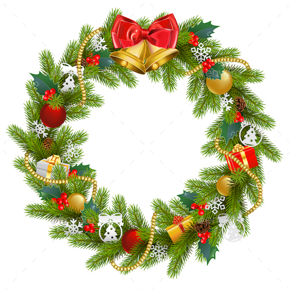 Vector Fir Wreath with Red Mistletoe - Christmas Seasons/Holidays