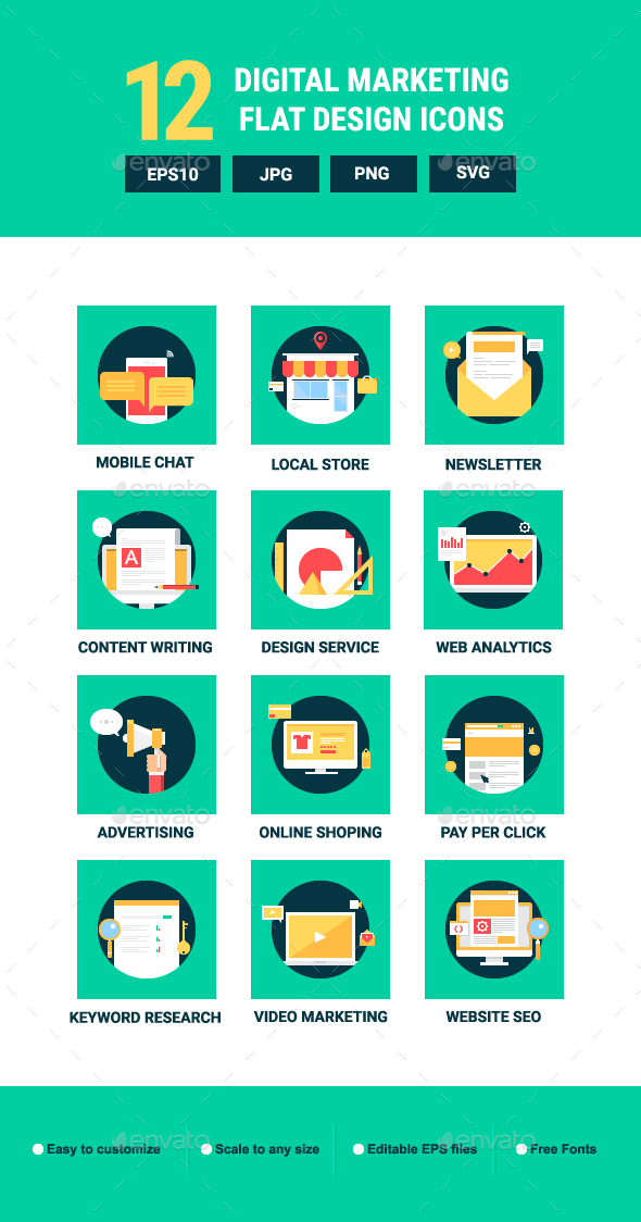 12 Flat digital marketing icons - Web Icons