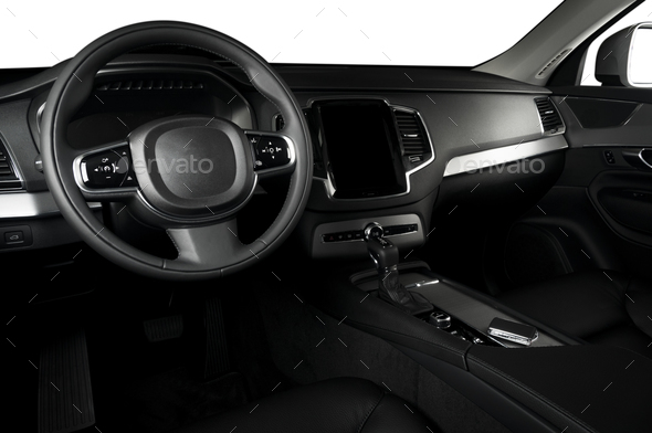Car dashboard, modern luxury interior, steering wheel - Stock Photo - Images