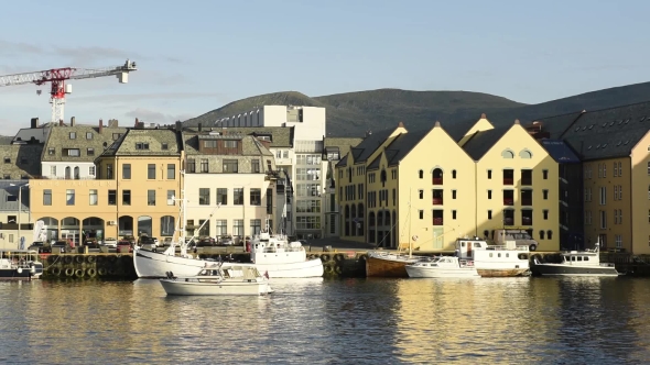 Colorful Sunset in Alesund Port Town