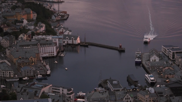 Colorful Sunset in Alesund Port Town