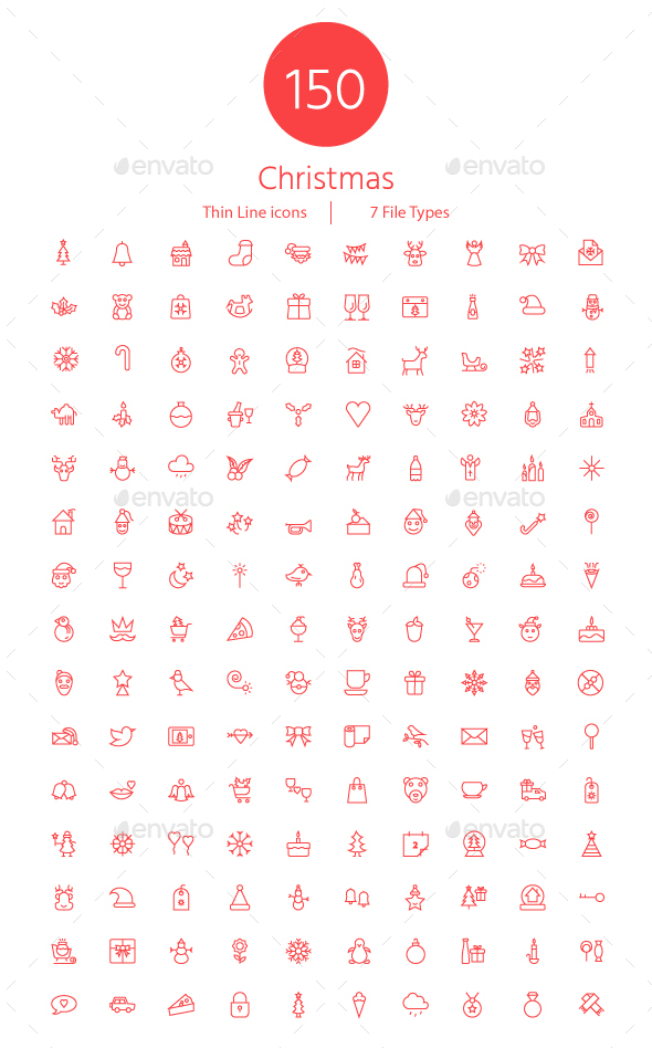 150 Christmas Thin Line Icons - Web Icons