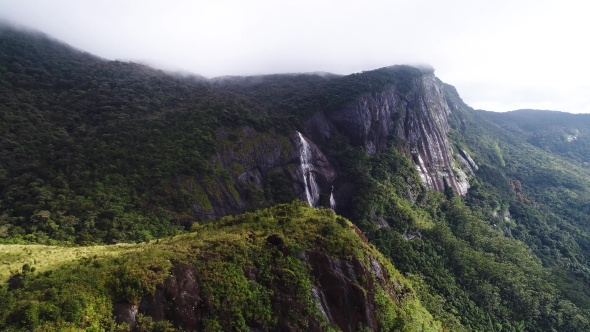Aerial View of Waterfall in Mountains in Sri Lanka