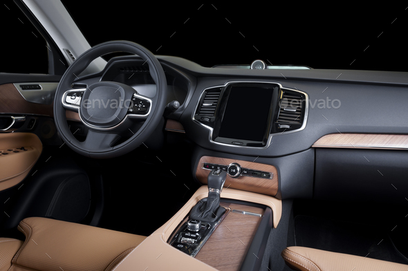 Car dashboard, modern luxury interior, steering wheel - Stock Photo - Images