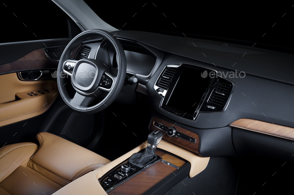 Car dashboard, modern luxury interior, steering wheel - Stock Photo - Images
