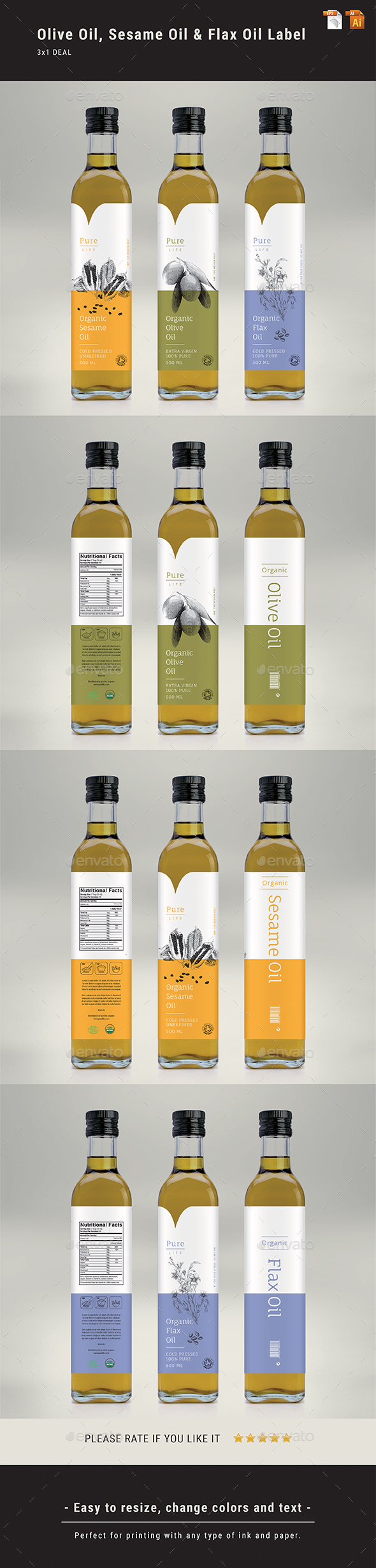 GraphicRiver Olive Oil Sesame Oil & Flax Oil Label 21030946 GraphicRiver Olive Oil Sesame Oil & Flax Oil Label 21030946