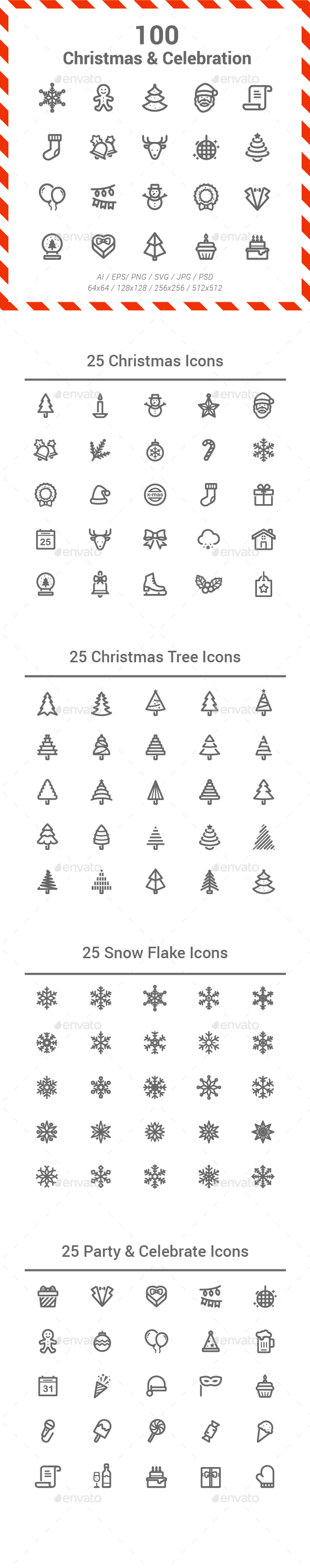 100 Christmas & Celebration Line Icons - Seasonal Icons