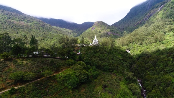 Aerial View of the Monastery with Ancient Temple in the Valley in Sri Lanka