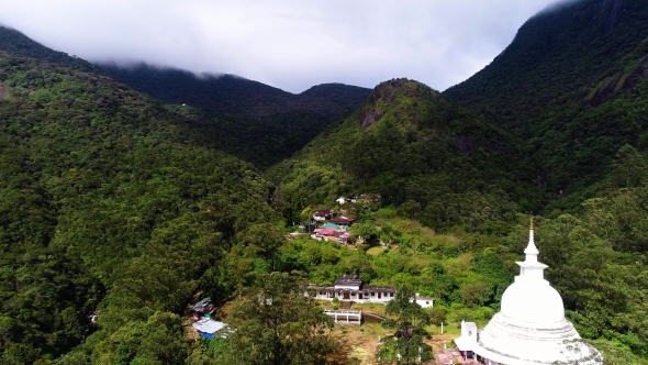 Aerial  From the Top of Settlement with the Temple in Mountains of Adam Peak in Sri Lanka