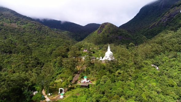 Aerial View of the Monastery with Ancient Temple in the Valley on Adam Peak in Sri Lanka