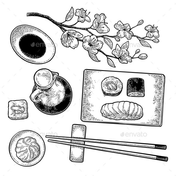 Set Sushi. Vintage Black Vector Engraving - Objects Vectors