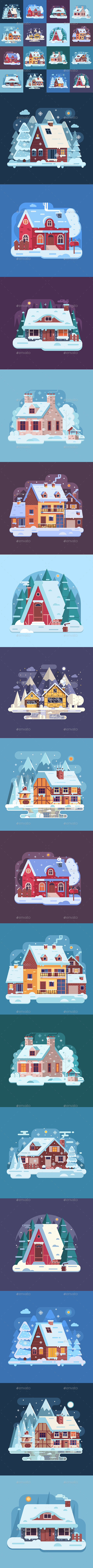 16 Rural Winter Houses and Cabins Landscapes - Seasons/Holidays Conceptual