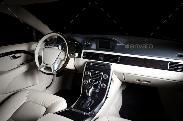 Car dashboard, modern luxuty interior, steering wheel - Stock Photo - Images