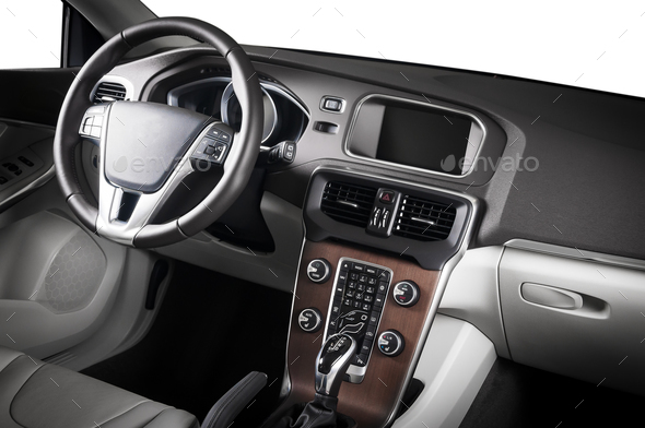 Car dashboard, modern luxury interior, steering wheel - Stock Photo - Images