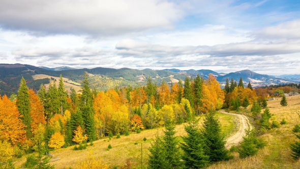 Autumn. Mountain Landscape with a Fast Clouds and Colorful Trees alt