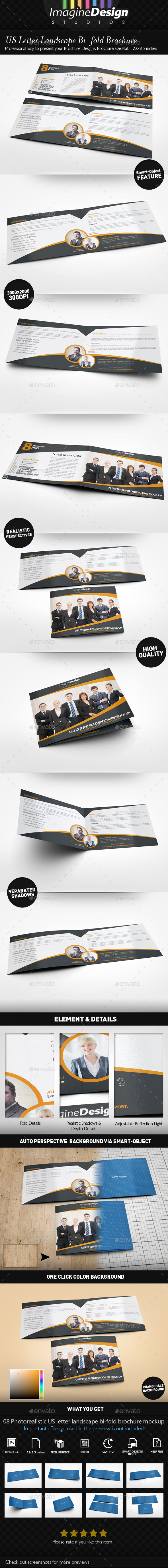 US Letter Landscape Bi-fold Brochure Mock-Up - Brochures Print