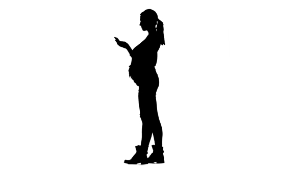 Girl Is Typing a Message on the Phone, She Is Pregnant. Silhouette. White Background. alt