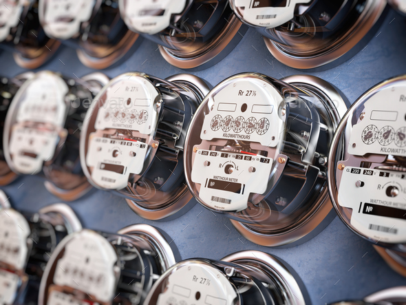 Electric meters in a row measuring power use. Electricity consum - Stock Photo - Images