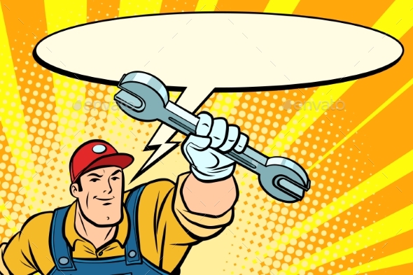 GraphicRiver Male Repairman with a Wrench Says Comic Book 21042395 GraphicRiver Male Repairman with a Wrench Says Comic Book 21042395