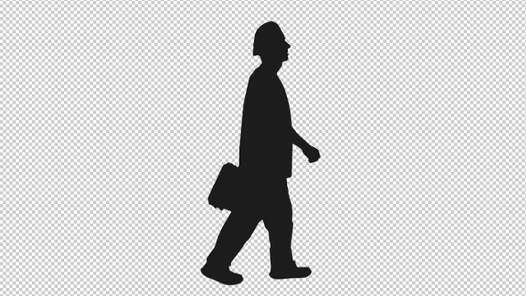 Black and White Silhouette of Mid Adult Man Walking with Suitcase, Alpha Channel