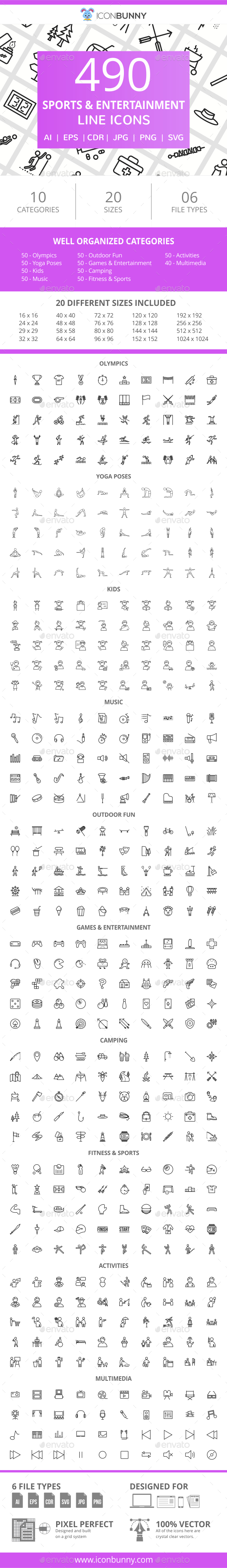 490 Sports & Entertainment Line Icons - Icons