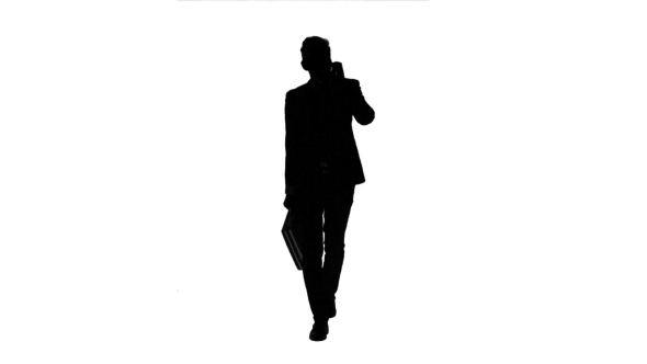 Man Goes To Work and Talks on the Phone. White Background. Silhouette alt