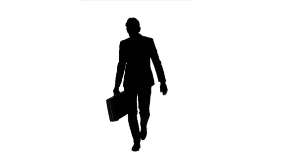 Man Holds A Briefcase In His Hand, He Rushes Over It. White Background 