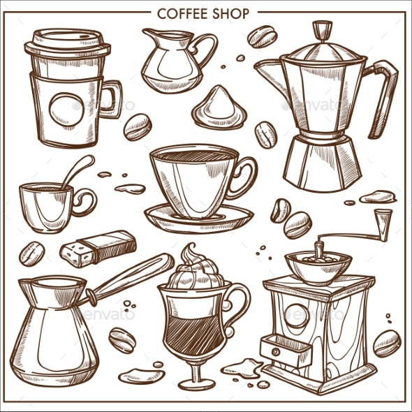 Coffee Shop Maker Equipment Tools Vector Sketch - Food Objects
