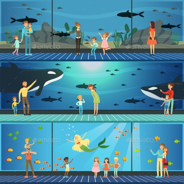People Visiting an Oceanarium Set of Vector - Animals Characters