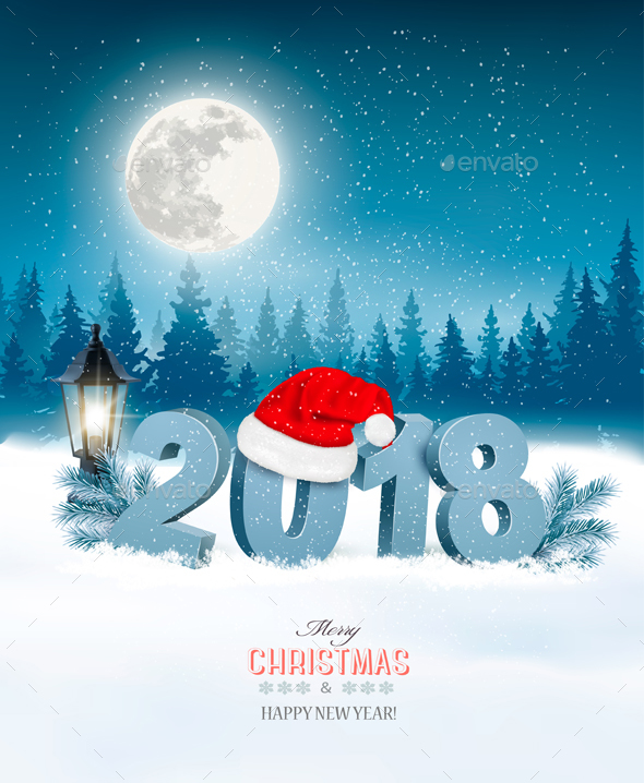 Christmas Holiday Background With Landscape and Santa Hat - Christmas Seasons/Holidays