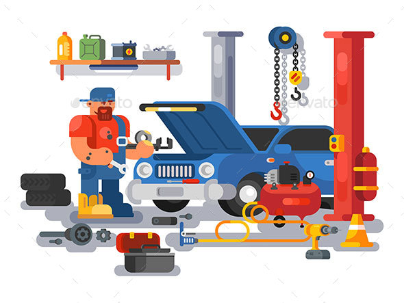 Mechanic Worker Repairs Car in Garage - People Characters