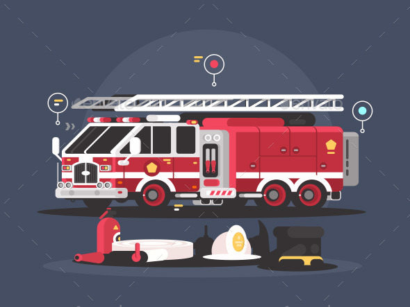 Fire Truck and Equipment for Fire Extinguishing - Objects Vectors